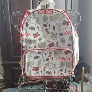 Milly Green London Themed Backpack with Red Accents